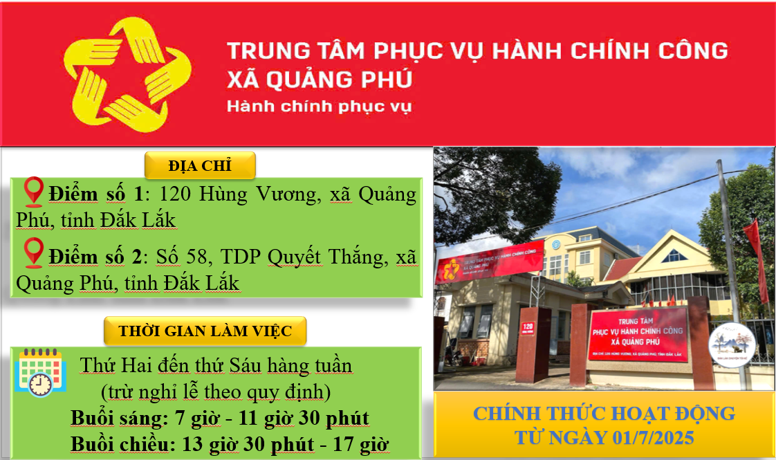 Thông báo hoạt động của Trung tâm phục vụ hành chính công Quảng Phú