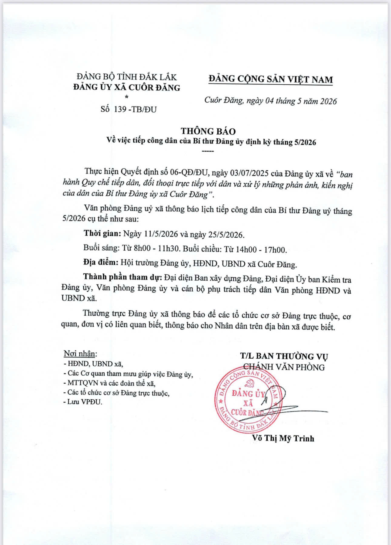 Thông báo về việc tiếp công dân của Bí thư Đảng ủy định kỳ tháng 5/2026